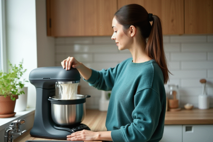 femme-cuisine-pour-flour Femme versant de la farine dans un robot soupe moderne