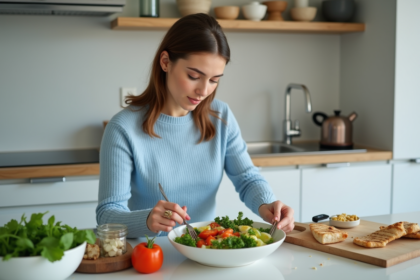 Jeune femme préparant un bol de légumes frais à la maison