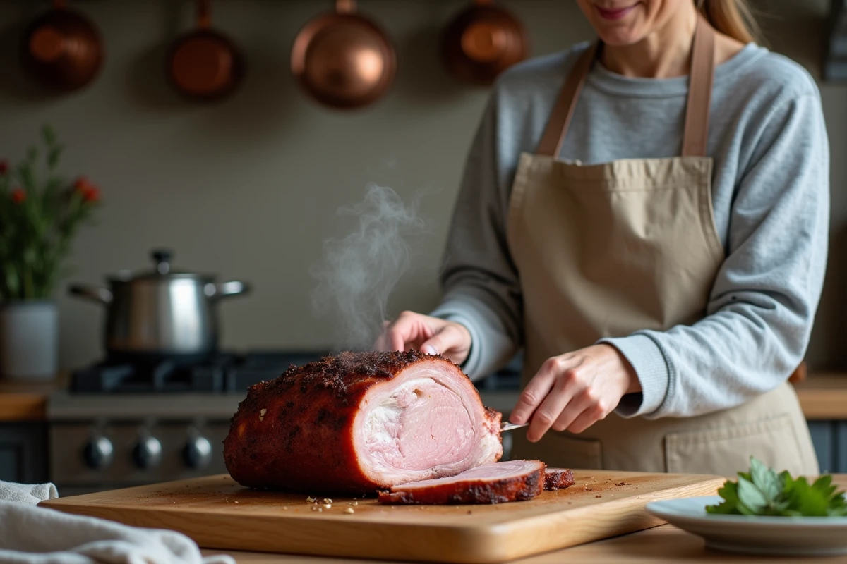 Femme découpant un rôti de porc juteux et fondant sur une planche en bois dans une cuisine familiale