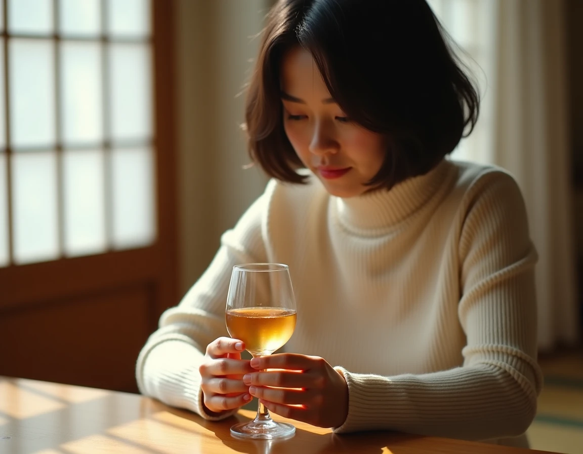 Femme dégustant un whisky japonais dans un verre de dégustation tulipe au sein d'une salle tatami traditionnelle japonaise