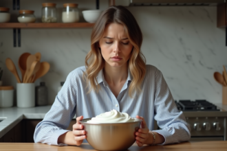Femme frustrée devant un bol de chantilly ratée en cuisine
