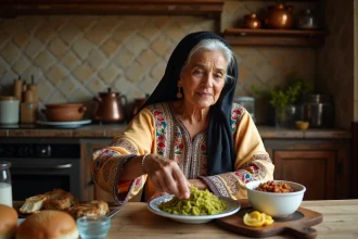 Femme égyptienne en galabeya préparant molokhia maison