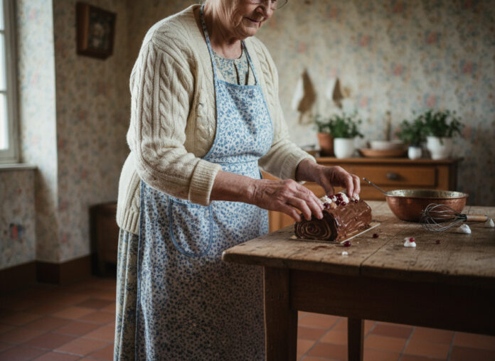Femme âgée préparant une bûche de Noël dans la cuisine