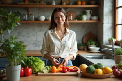 Jeune femme arrangeant fruits et légumes bio dans une cuisine rustique