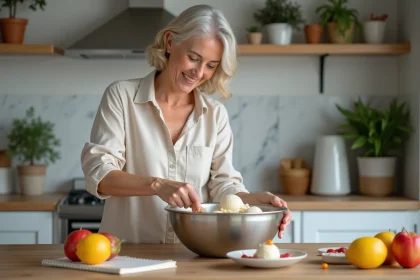 Femme préparant une glace maison dans la cuisine lumineuse