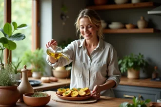Femme versant huile d'olive sur pommes de terre rôties
