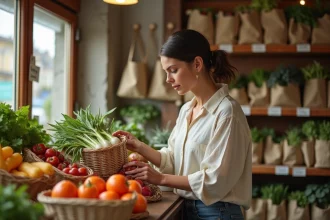 Femme examinant des légumes à prix réduit dans un magasin anti-gaspi avec des étagères en bois et des étiquettes manuscrites