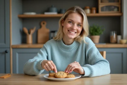 Jeune femme dégustant un cookie sans gluten et lactose