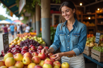 Femme souriante choisissant des fruits au marché