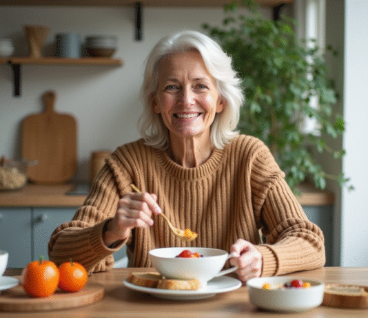 Femme de 50 ans dégustant un petit déjeuner sain dans une cuisine lumineuse