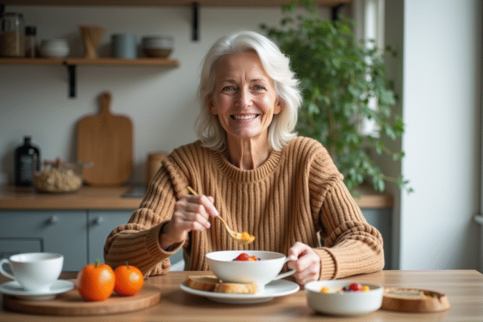 Femme de 50 ans dégustant un petit déjeuner sain dans une cuisine lumineuse