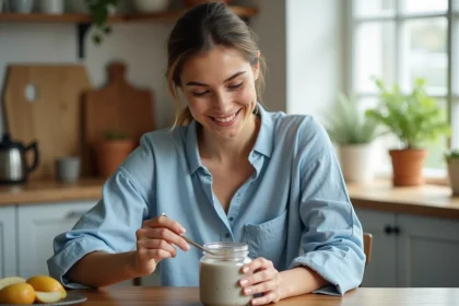 Femme souriante mélangeant chia pudding dans une cuisine moderne