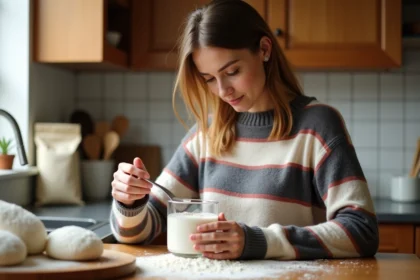 Jeune femme mesure de la farine dans une cuisine chaleureuse