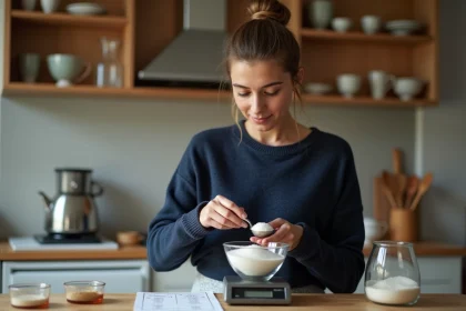 Femme en cuisine mesure du sucre avec balance et graphique