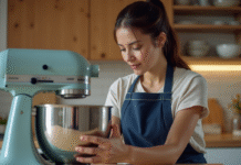 Puissance robot pâtissier : comment choisir la meilleure ? Femme examinant un robot pâtissier dans une cuisine moderne