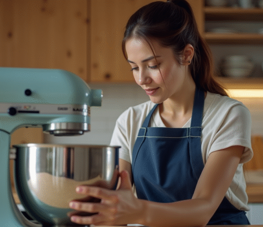 Femme examinant un robot pâtissier dans une cuisine moderne