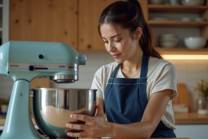 Femme examinant un robot pâtissier dans une cuisine moderne