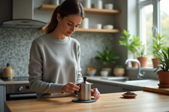 Femme assemblant une cafetière moka dans une cuisine moderne