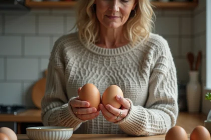 Femme inspectant un œuf avec code dans la cuisine chaleureuse