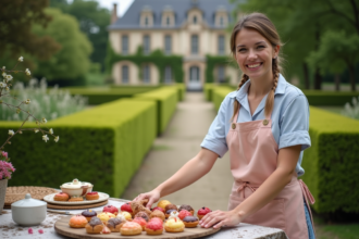 Femme souriante arrangeant des pâtisseries dans un jardin