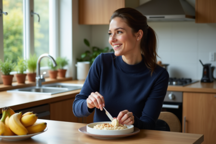 Femme en cuisine préparant un petit déjeuner à la banane