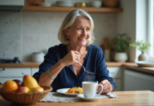Femme d'âge moyen prenant son petit déjeuner dans une cuisine lumineuse