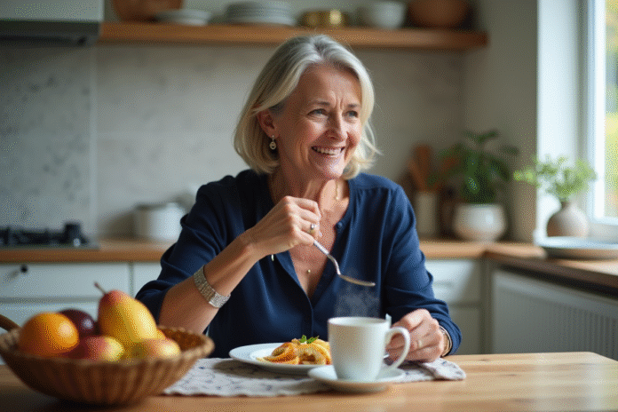 Femme d'âge moyen prenant son petit déjeuner dans une cuisine lumineuse