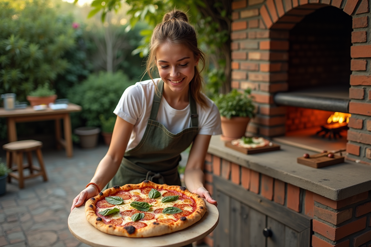 Jeune femme cuisinant une pizza dans un four extérieur en jardin