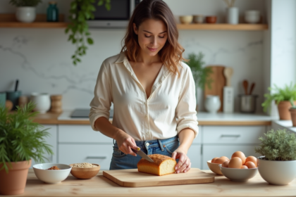 Femme préparant un pain keto dans une cuisine lumineuse