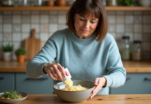 Femme versant des flakes de purée instantanée dans un bol en céramique