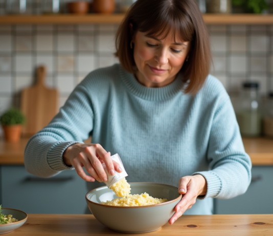 Femme versant des flakes de purée instantanée dans un bol en céramique