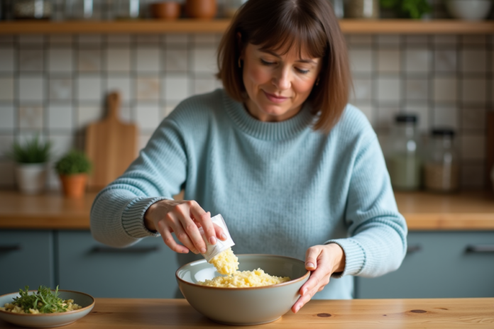 Femme versant des flakes de purée instantanée dans un bol en céramique