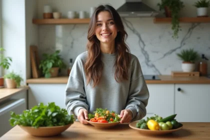 Jeune femme préparant une salade colorée à la maison