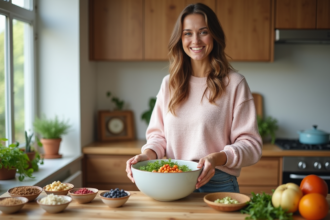Femme souriante préparant une salade avec des légumes frais dans la cuisine