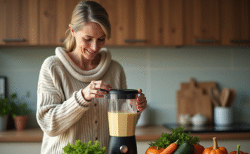 Blender pour soupe : Quel est le meilleur pour vos recettes ? Femme préparant une soupe végétale dans une cuisine chaleureuse