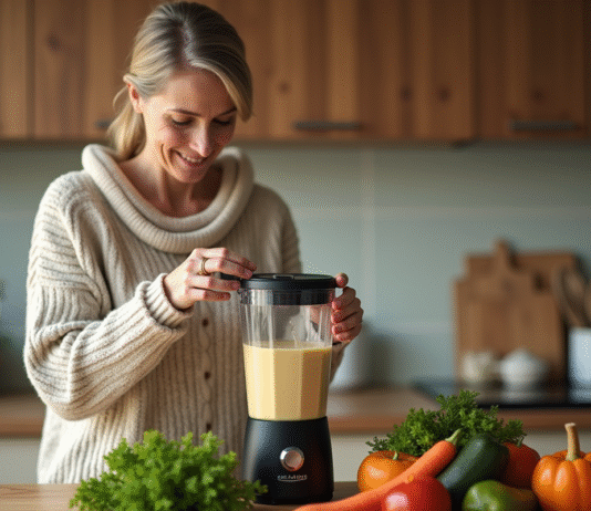 Femme préparant une soupe végétale dans une cuisine chaleureuse