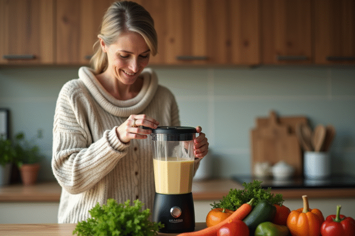 Femme préparant une soupe végétale dans une cuisine chaleureuse
