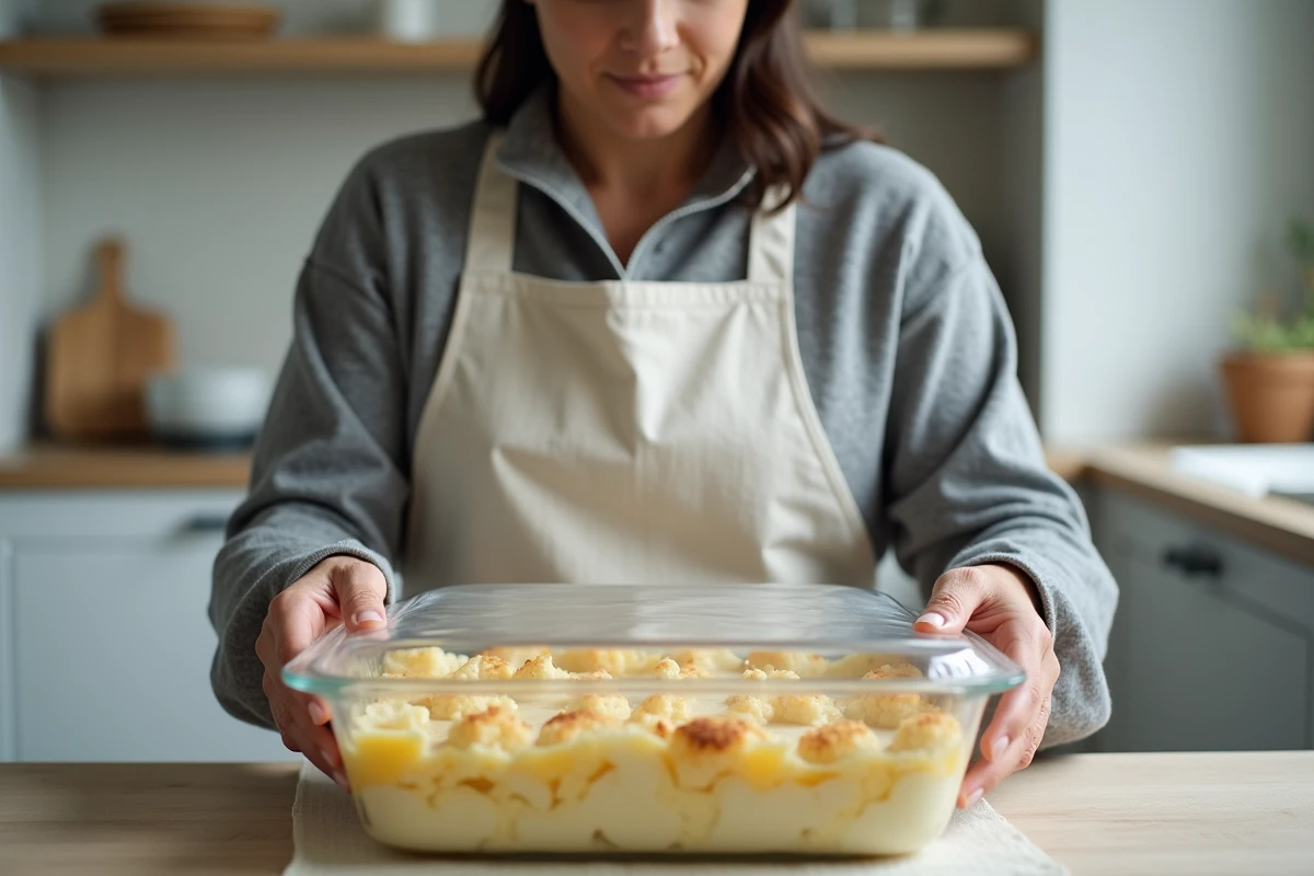 Femme en tablier couvrant un plat de gratin chou-fleur pomme de terre cru pour le préparer à l'avance