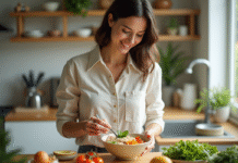 Repas équilibrés: Que manger à chaque repas ? Des idées pour bien s’alimenter Femme préparant un bol repas équilibré dans une cuisine lumineuse