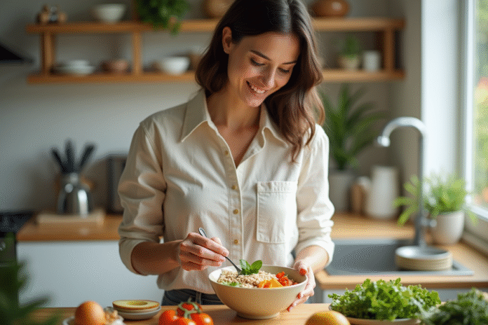 Femme préparant un bol repas équilibré dans une cuisine lumineuse