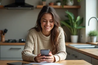 Femme souriante vérifiant sa réservation dans une cuisine moderne