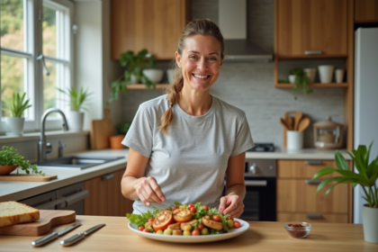 Femme souriante préparant une salade colorée dans une cuisine moderne