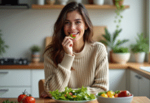 Aliments peu caloriques : Pourquoi sont-ils rassasiants ? Jeune femme mangeant une salade fraîche dans une cuisine lumineuse