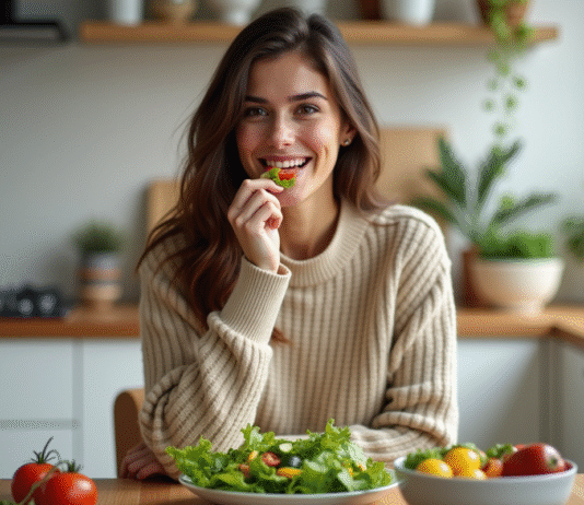 Aliments peu caloriques : Pourquoi sont-ils rassasiants ? Jeune femme mangeant une salade fraîche dans une cuisine lumineuse