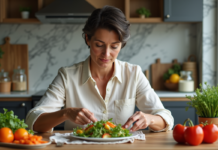 Femme préparant une salade méditerranéenne dans la cuisine