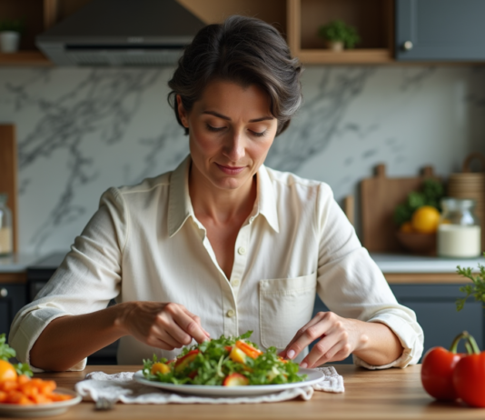 Femme préparant une salade méditerranéenne dans la cuisine
