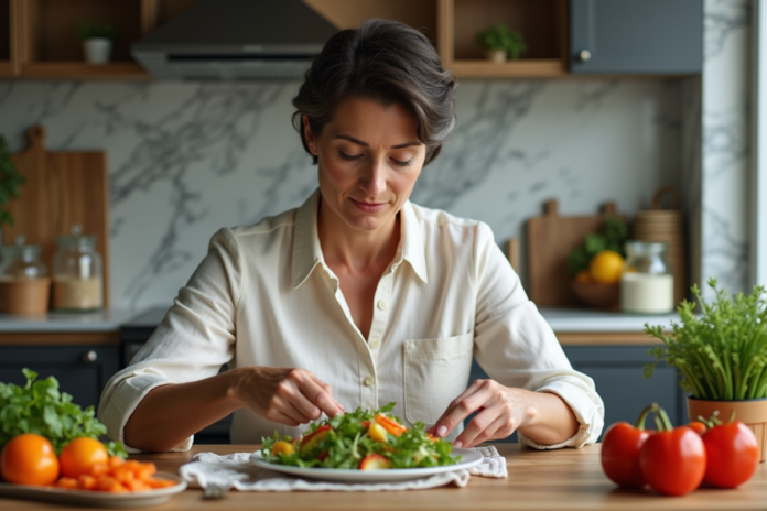 Femme préparant une salade méditerranéenne dans la cuisine