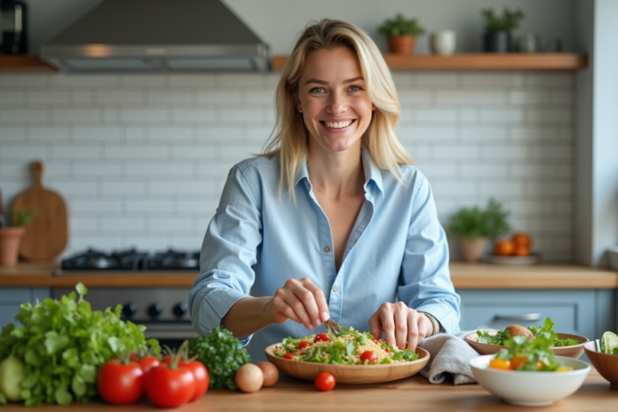 Femme souriante préparant une salade de quinoa fraîche