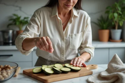 Femme saupoudrant du sel sur des aubergines tranchées dans la cuisine