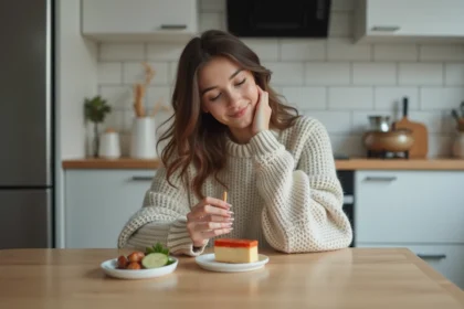 Jeune femme souriante inspectant un gâteau léger dans la cuisine